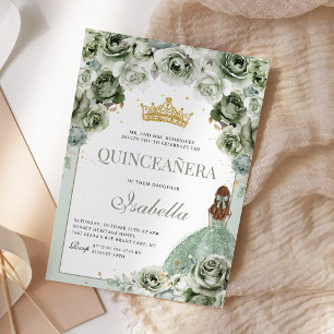 Convite Sage Green Floral Quinceanera Mis Quince Anos