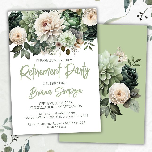Convite Sage Green Floral Retirement Party (Criador carregado)