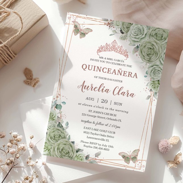Convite Sage Green Floral Rosa Dourada Quinceañera Anivers (Criador carregado)