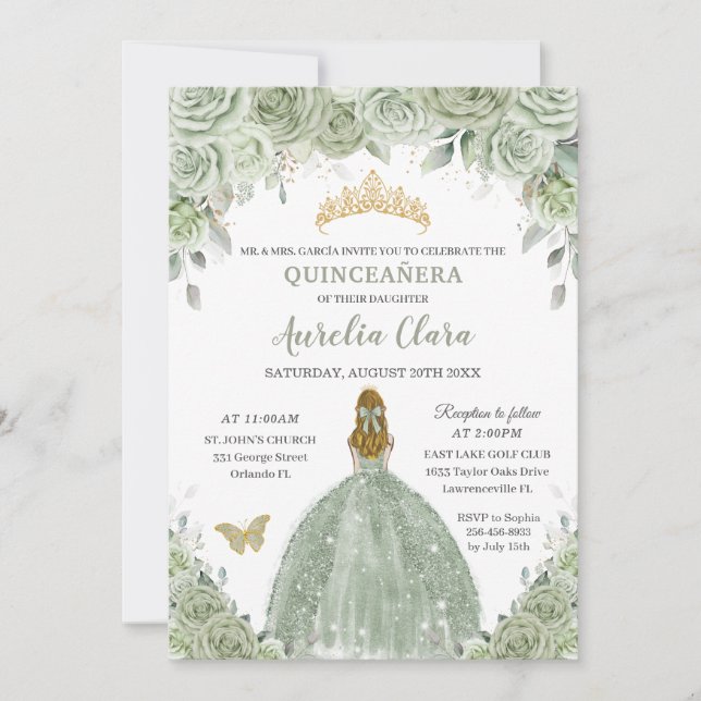 Convite Sage Green Floral Rosas Loura Menina Quinceañera (Frente)
