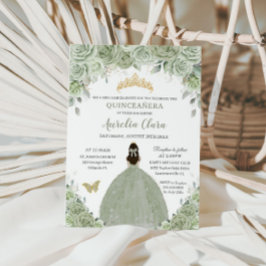 Convite Sage Green Floral Rosas Princesa Dourada Quinceañe