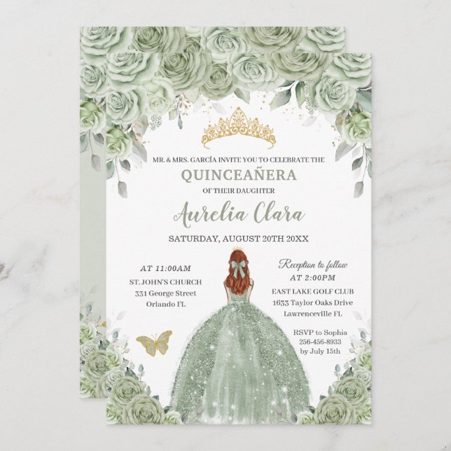 Convite Sage Green Floral Rosas Red Hair Girl Quinceañera (Frente/Verso)