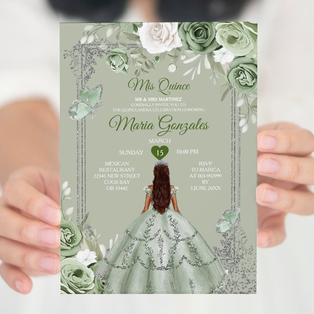 Convite Sage Green Floral Silver Crown Mis Quince 15 Anos (Criador carregado)