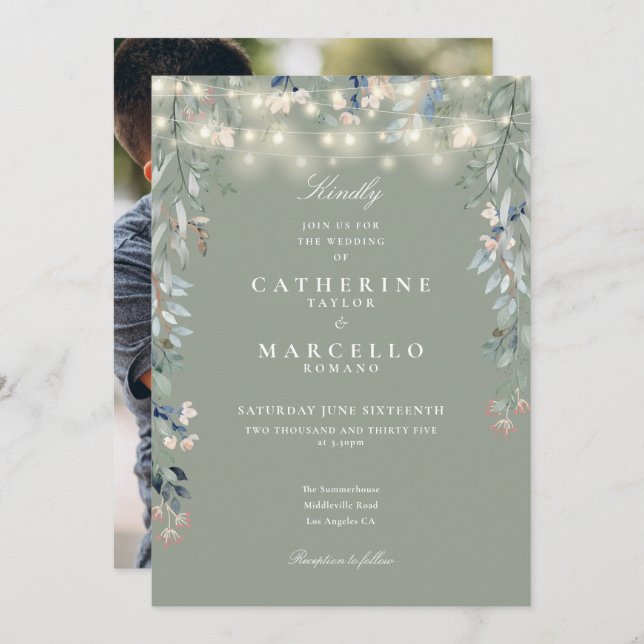 Convite Sage Green Floral String Luz Foto Casamento (Frente/Verso)