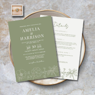 Convite Sage Green Floral Tudo Em Um Casamento Elegante
