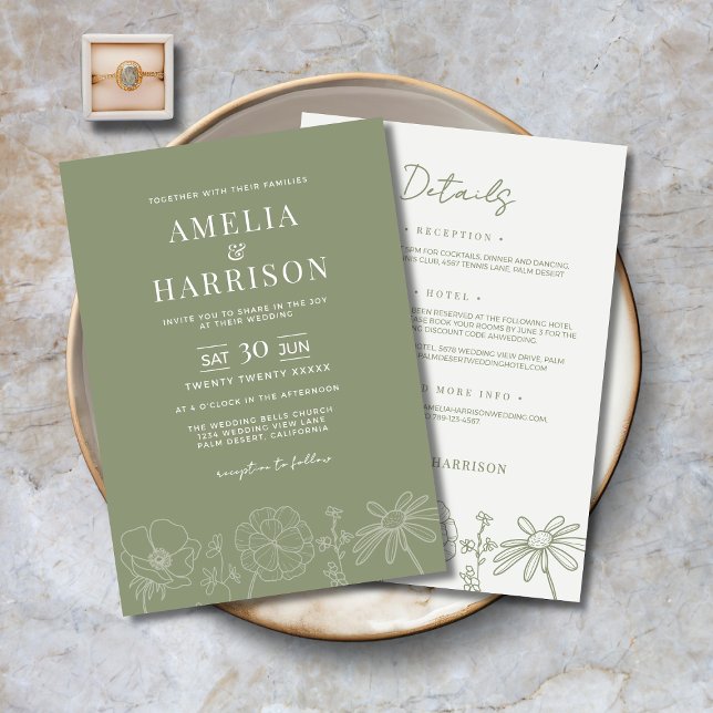 Convite Sage Green Floral Tudo Em Um Casamento Elegante (Sage Green Floral All-In-One Elegant Wedding Invitation with Line Art Flowers, Details on the Back.)
