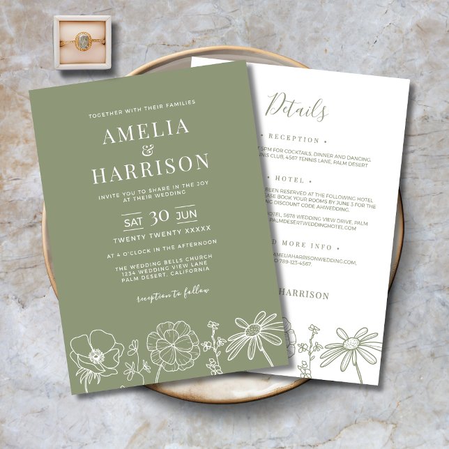 Convite Sage Green Floral Tudo Em Um Casamento Elegante (Sage Green Floral All In One Elegant Wedding Invitation with Details, RSVP, Reception, Hotel on back)