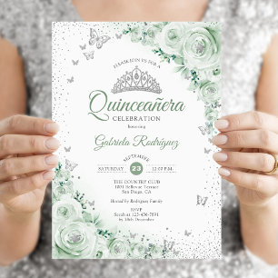 Convite Sage Green Floral Watercolor Rosas Quinceanera