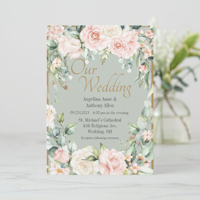 Convite Sage Green Floral Wedding (Em pé/Frente)