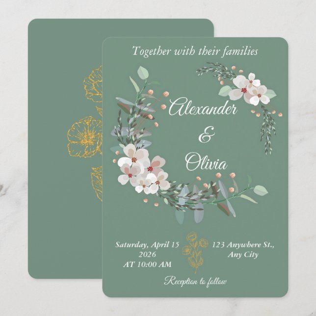Convite Sage Green Floral Wedding Invitation Editable (Frente/Verso)
