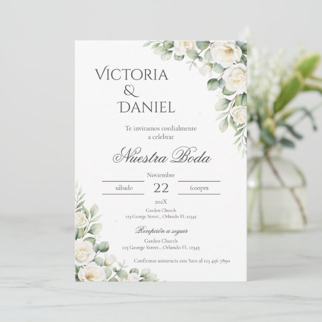 Convite Sage Green Floral wedding invitation in Spanish (Em pé/Frente)