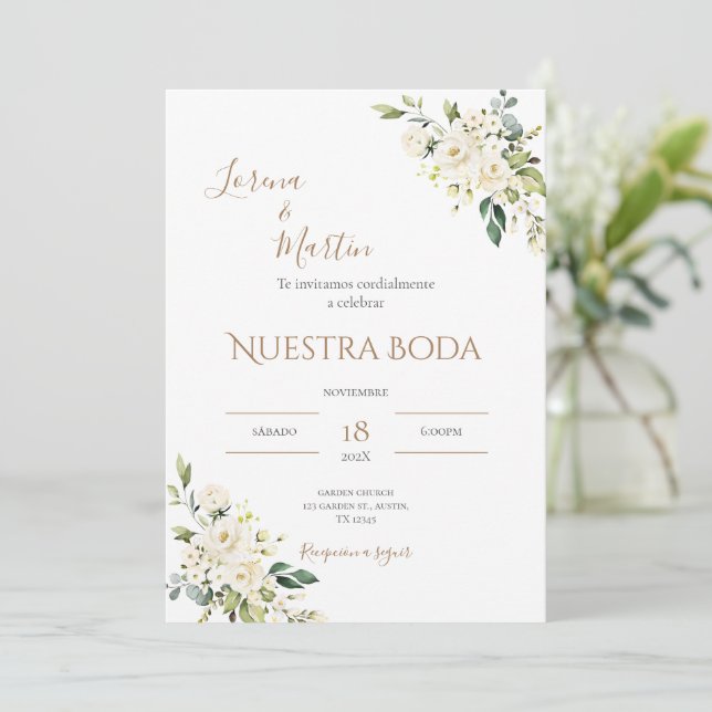 Convite Sage Green Floral wedding invitation in Spanish (Em pé/Frente)