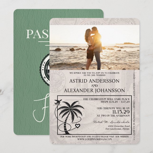 Convite Sage Green Florida Passport Wedding (Frente/Verso)