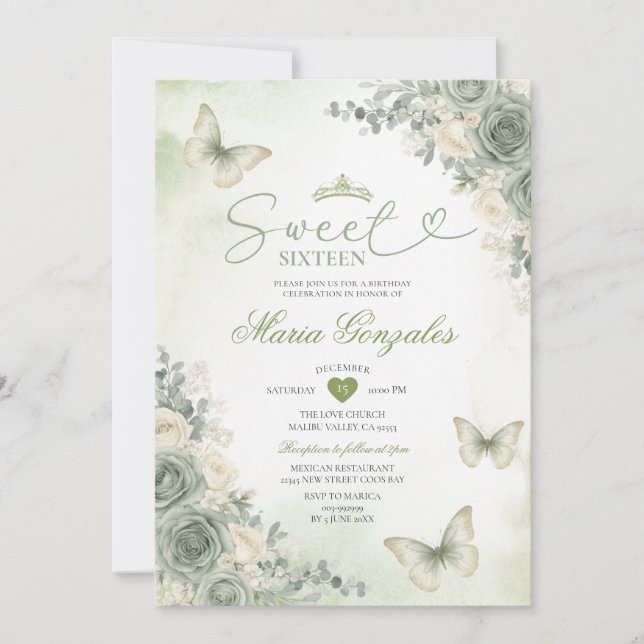 Convite Sage Green Flowers Butterfly Girl Sweet Sixteen (Frente)