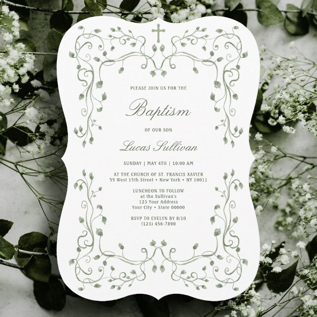 Convite Sage Green Foliage Frame Baptism Invitation (Criador carregado)