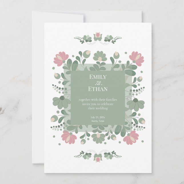 Convite Sage Green Folk Wildflower Wedding (Frente)