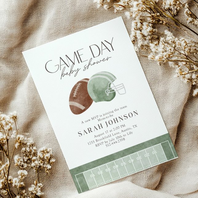 Convite Sage Green Football Game Day Baby Shower  (Criador carregado)