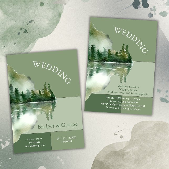 Convite Sage Green Forest Lake Landscape Wedding (Criador carregado)