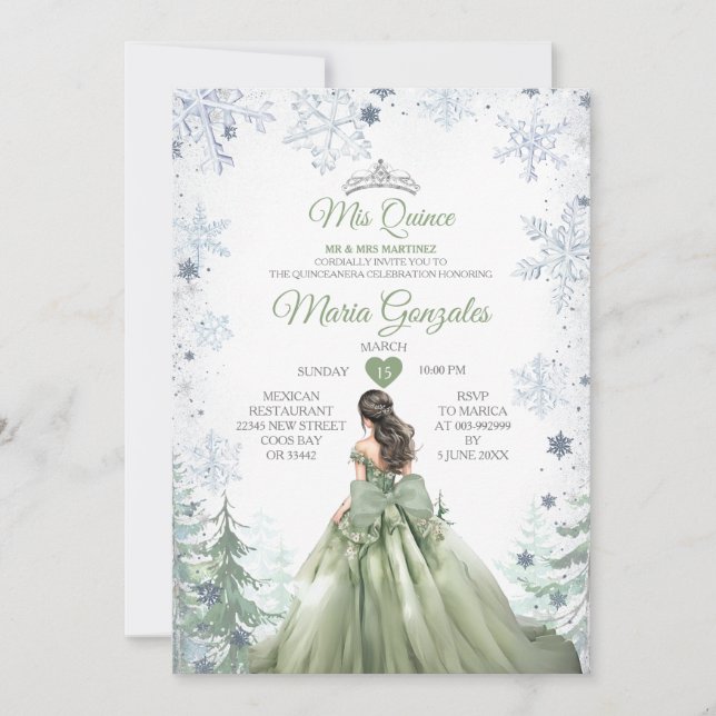 Convite Sage Green Forest Winter Princess Mis Quince (Frente)