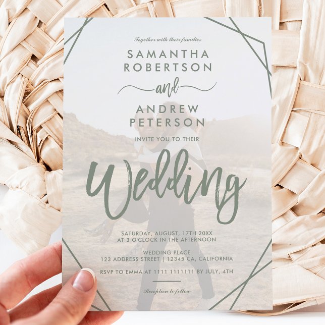Convite Sage green frame simples foto script casamento (Criador carregado)