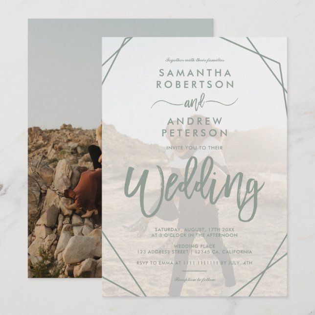 Convite Sage green frame simples foto script casamento (Frente/Verso)