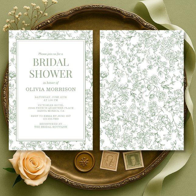 Convite Sage Green French Chinoiserie Floral Bridal Shower (Criador carregado)