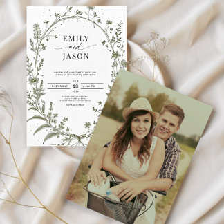 Convite Sage Green French Roses Botanical Photo Wedding