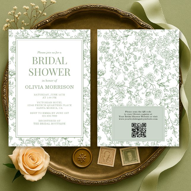 Convite Sage Green French Toile QR Code Bridal Shower (Criador carregado)