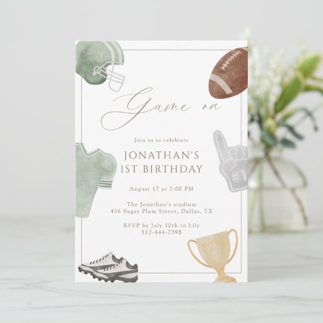 Convite Sage Green Game On Football Birthday (Em pé/Frente)