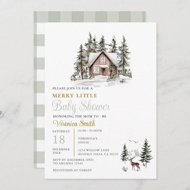 Convite Sage Green Gingham A Merry Little Baby Shower  (Frente/Verso)