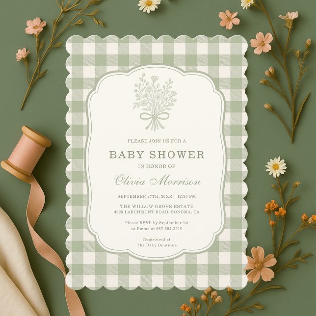 Convite Sage Green Gingham Baby Shower (Criador carregado)