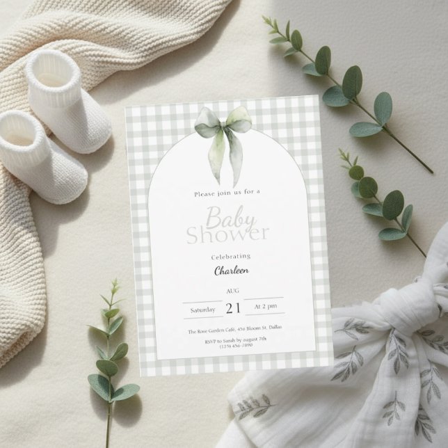 Convite Sage Green Gingham Baby Shower Invitation (Baby shower invitation on soft beige blanket with eucalyptus, booties and muslin cloth)