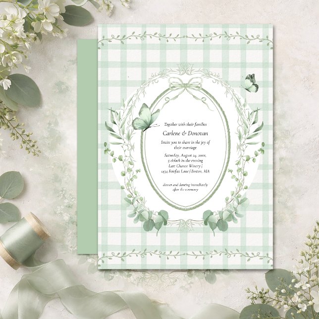 Convite Sage Green Gingham Botanical Wedding | (Criador carregado)