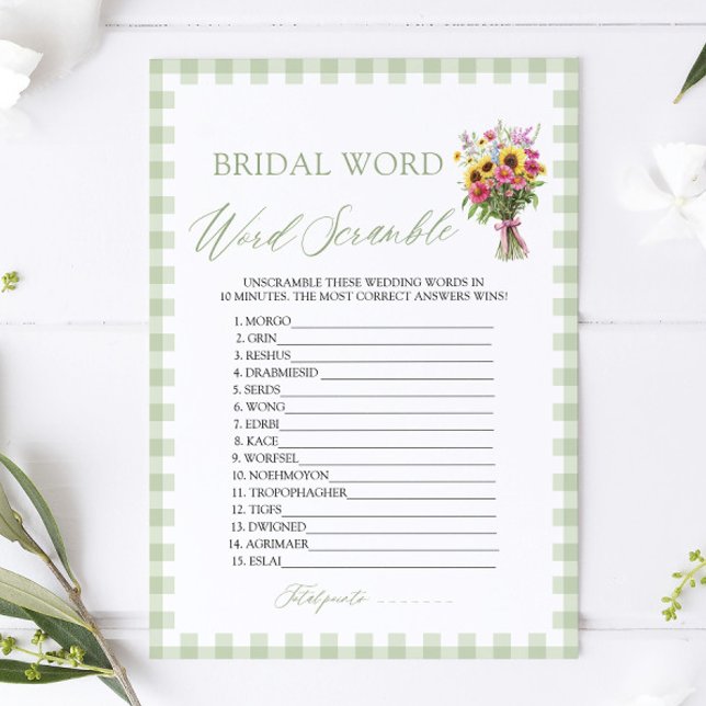 Convite Sage Green Gingham Bridal Word Scramble Game (Sage Green Gingham Bridal Word Scramble Game)