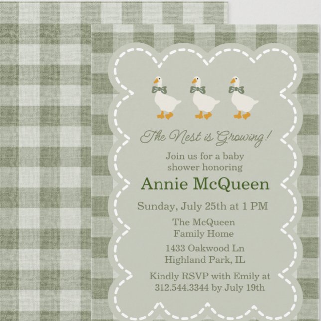 Convite Sage Green Gingham Buffalo Check Goose Baby Shower (Criador carregado)