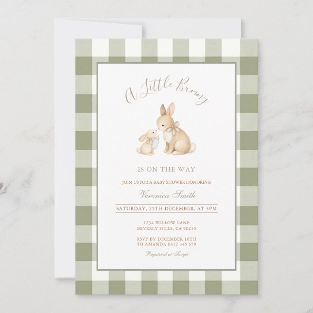Convite Sage Green Gingham Bunny Baby Shower Invitation (Frente)