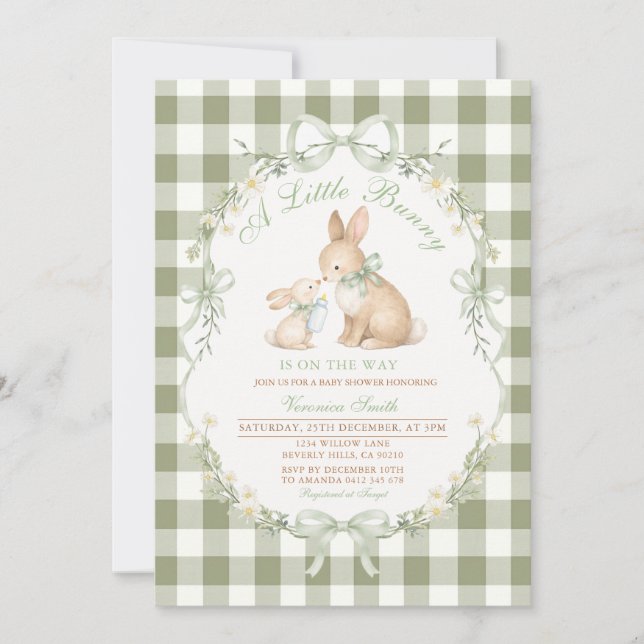 Convite Sage Green Gingham Bunny Neutral Baby Shower  (Frente)