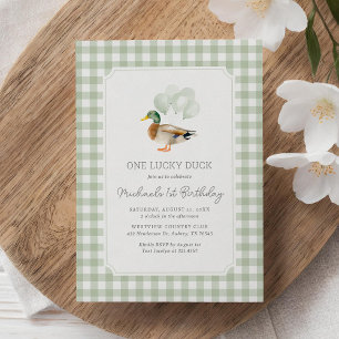 Convite Sage Green Gingham Duck primeiro aniversario
