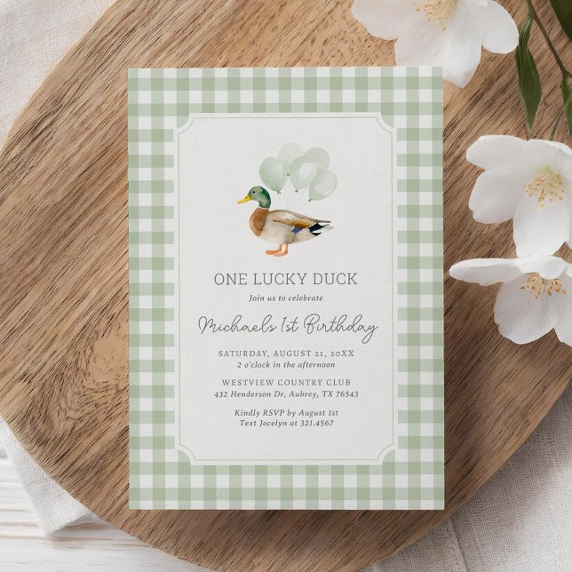 Convite Sage Green Gingham Duck primeiro aniversario (Criador carregado)