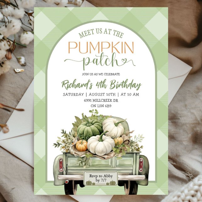 Convite Sage Green Gingham Fall Pumpkin Patch Aniversário (Criador carregado)