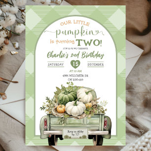 Convite Sage Green Gingham Fall Pumpkin Theme Birthday