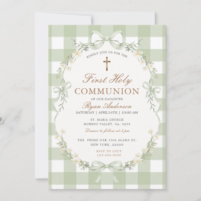 Convite Sage Green Gingham First Holy Communion Invitation (Frente)