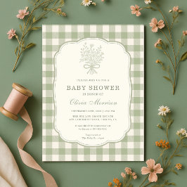 Convite Sage Green Gingham Floral Bow Baby Shower