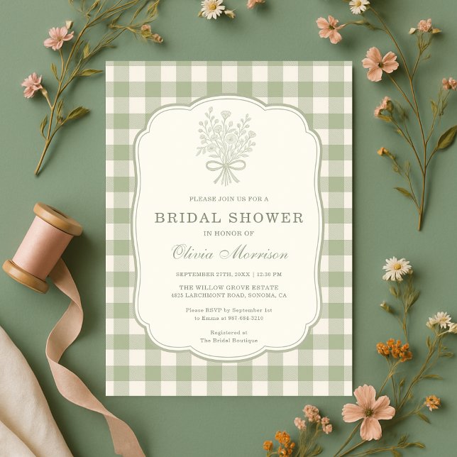 Convite Sage Green Gingham Floral Bow Bridal Shower (Criador carregado)