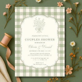 Convite Sage Green Gingham Floral Bow Couples Shower
