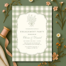 Convite Sage Green Gingham Floral Engagement Party