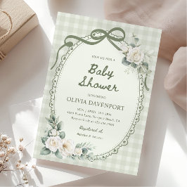 Convite Sage Green Gingham Floral Garden Baby Shower