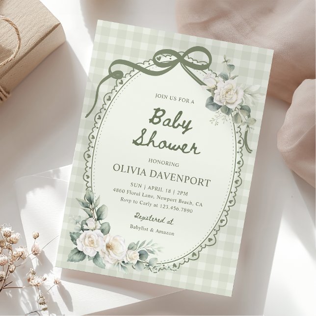 Convite Sage Green Gingham Floral Garden Baby Shower (Criador carregado)