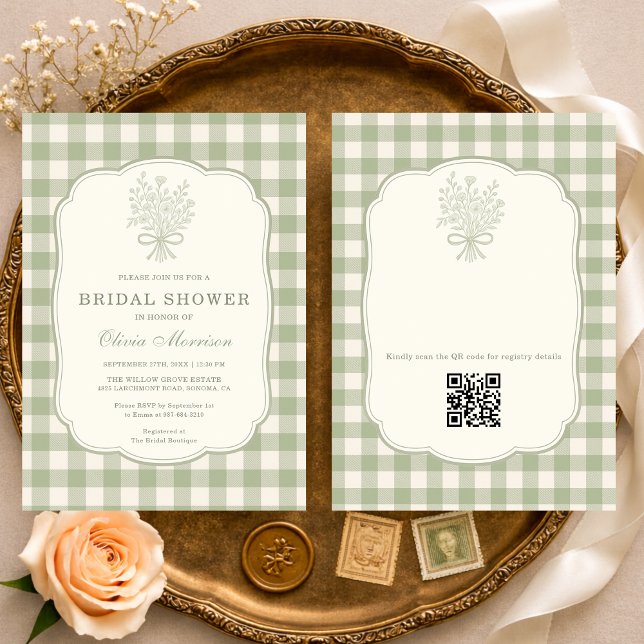 Convite Sage Green Gingham Floral QR Code Bridal Shower (Criador carregado)