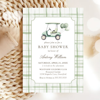 Convite Sage Green Gingham Golf Baby Shower Invitation 